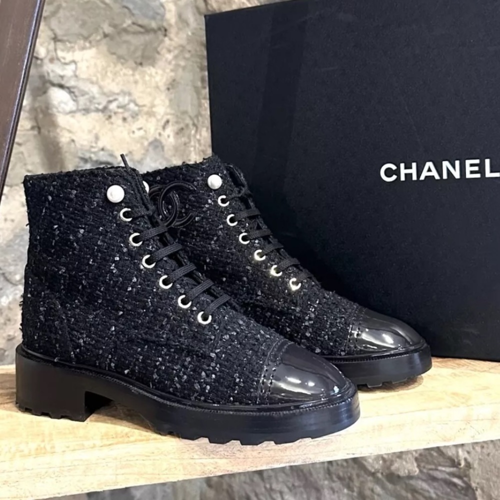 Chanel Tweed CC Lace Up Combat Boots / Ankle Booties